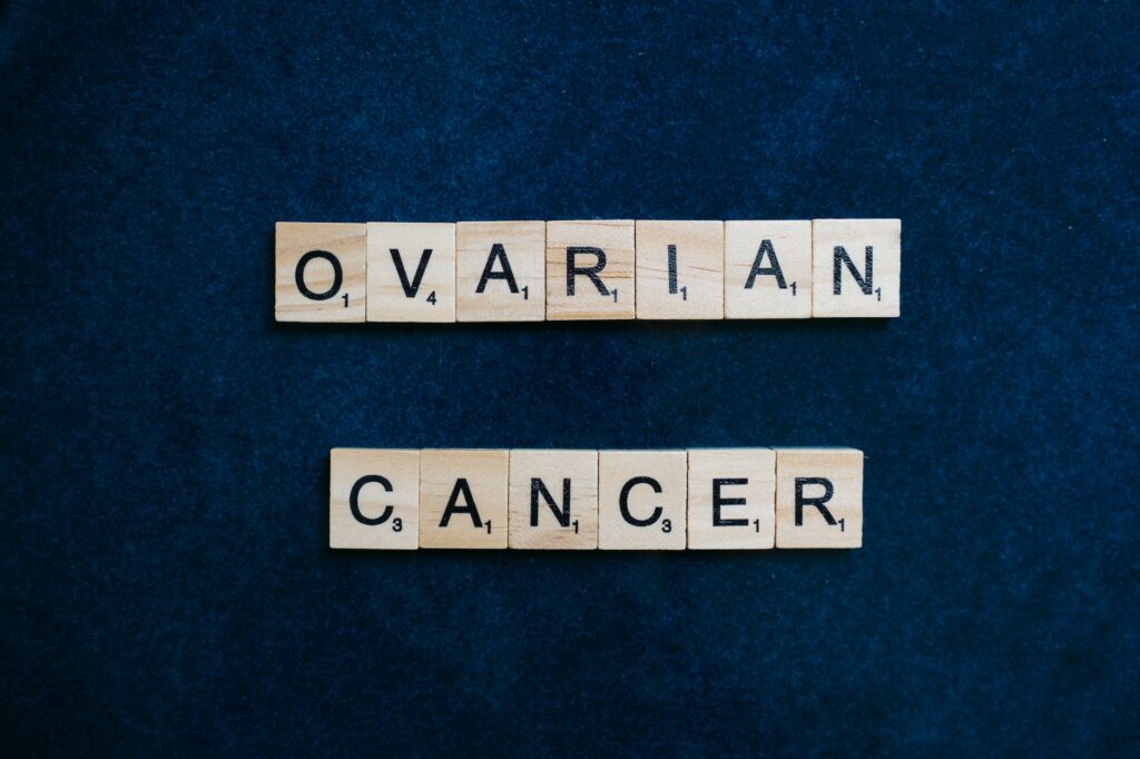 ovarian cancer spelled with scrabble tiles